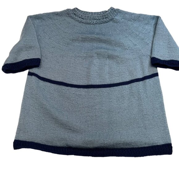 𝅺handmade Hand Knit Blue Short Sleeve Round Neck Sweater Size L/XL - Picture 7 of 9